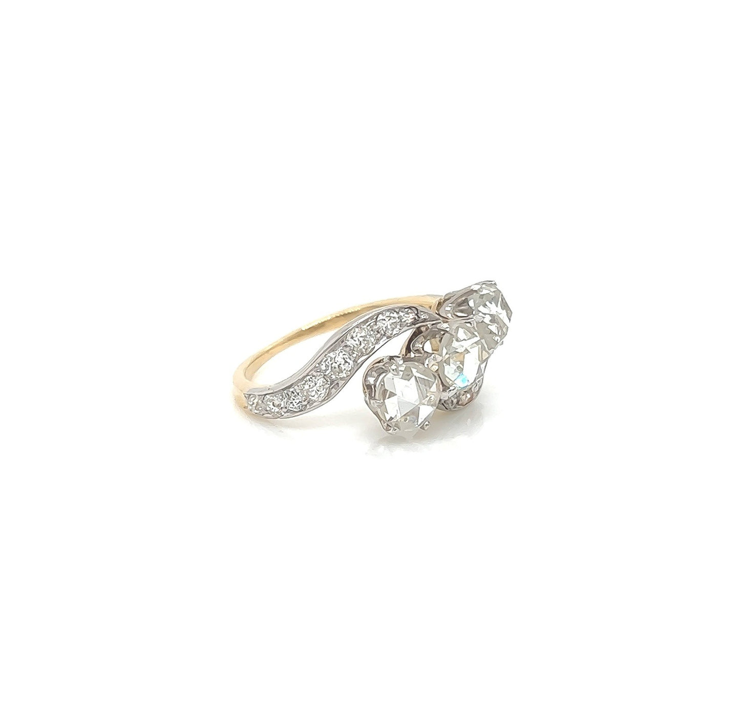 2.10 Total Carat Three-Stone Vintage Gold Ring with Pave Diamonds