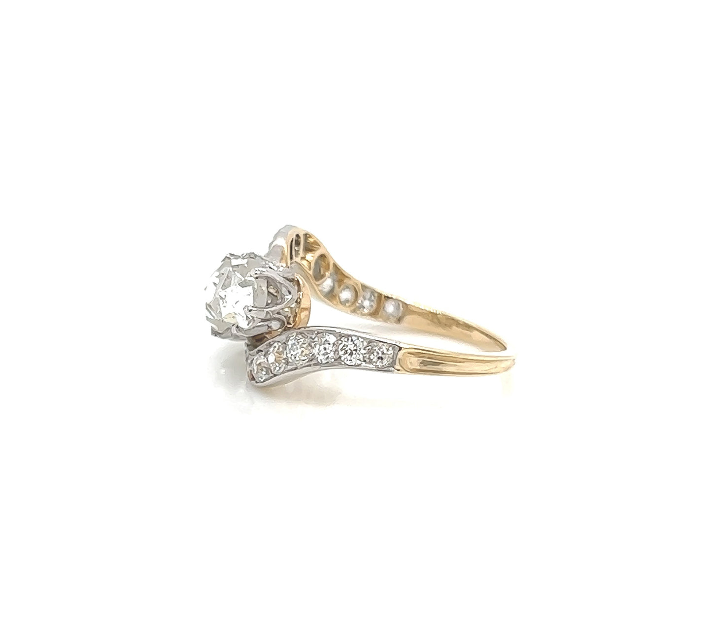 2.10 Total Carat Three-Stone Vintage Gold Ring with Pave Diamonds