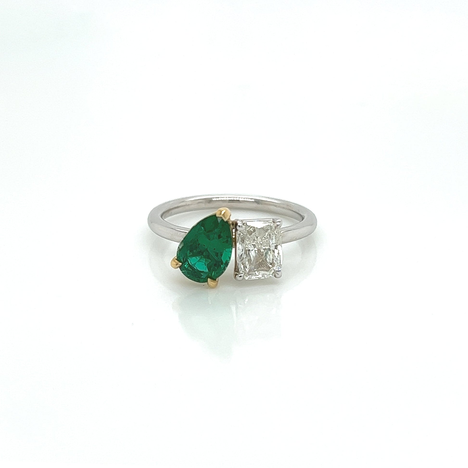 2.18 Total CT Two-Stone Emerald and Diamond Ladies Ring in 18K White Gold, GIA