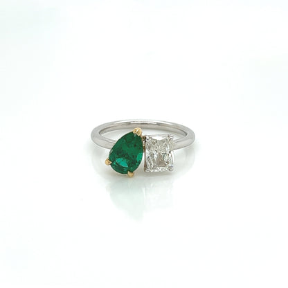 2.18 Total CT Two-Stone Emerald and Diamond Ladies Ring in 18K White Gold, GIA