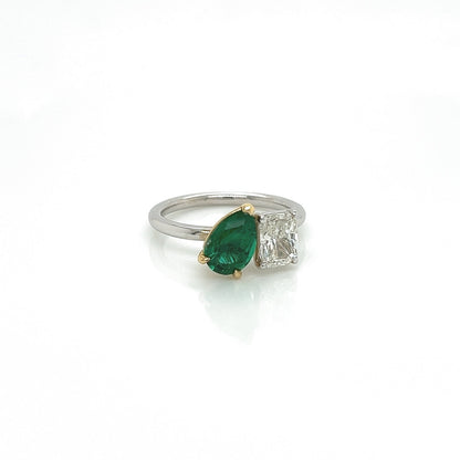 2.18 Total CT Two-Stone Emerald and Diamond Ladies Ring in 18K White Gold, GIA