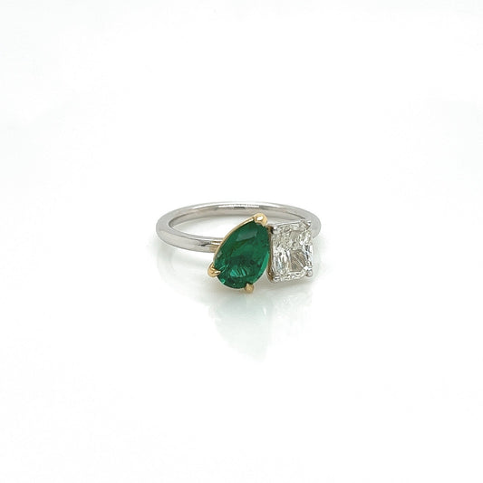 2.18 Total CT Two-Stone Emerald and Diamond Ladies Ring in 18K White Gold, GIA