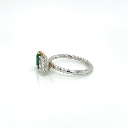2.18 Total CT Two-Stone Emerald and Diamond Ladies Ring in 18K White Gold, GIA