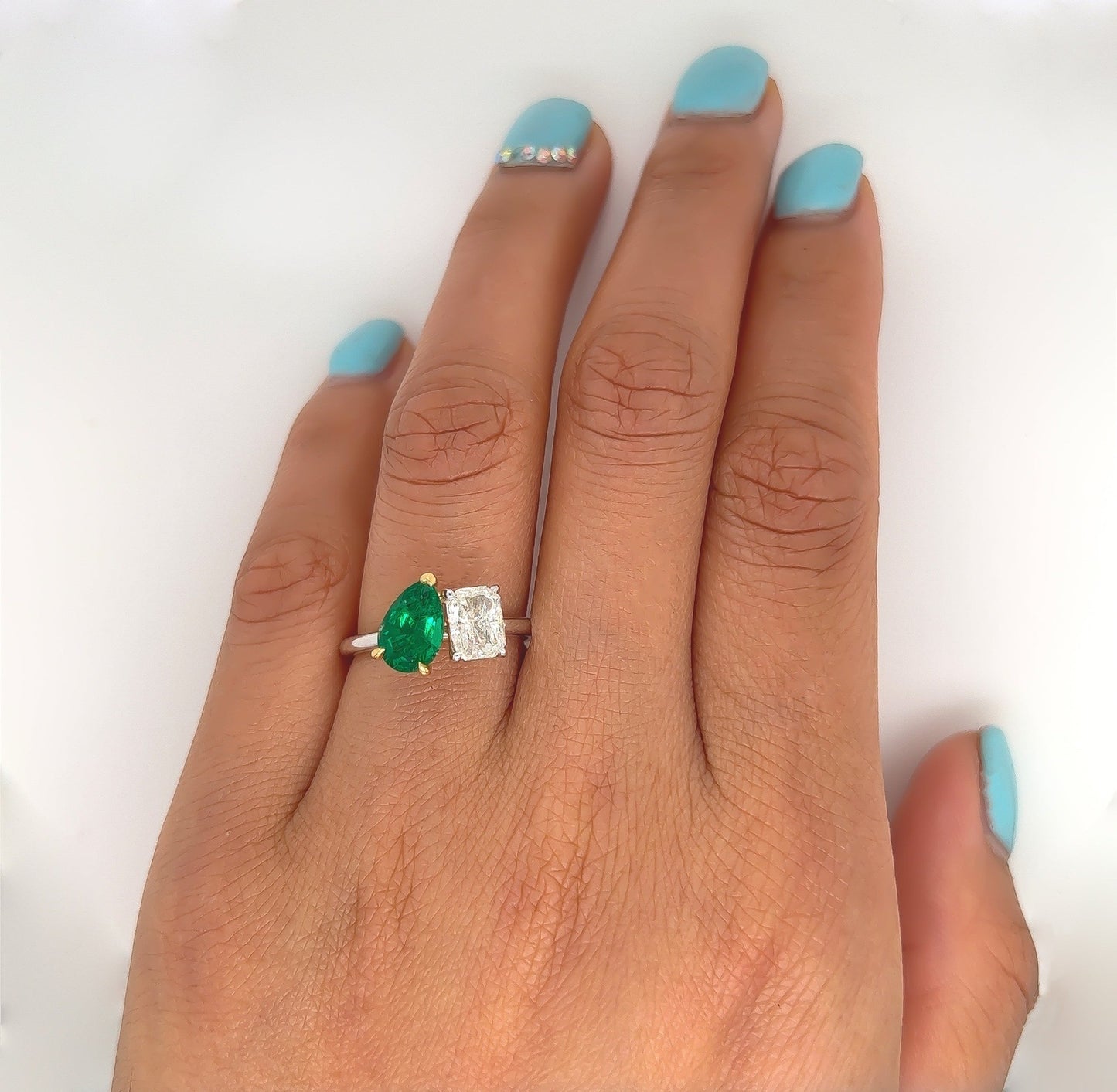 2.18 Total CT Two-Stone Emerald and Diamond Ladies Ring in 18K White Gold, GIA