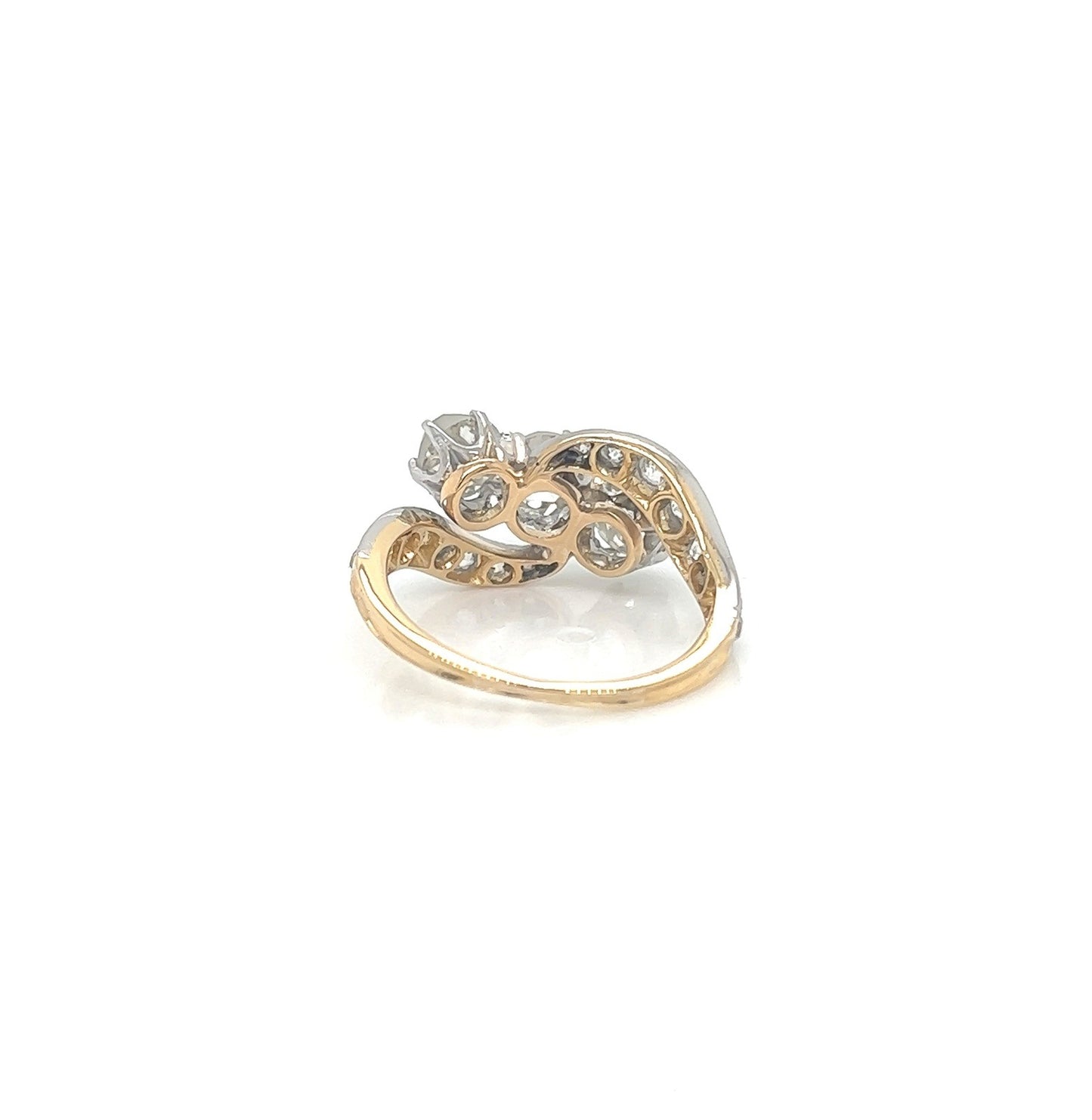 2.10 Total Carat Three-Stone Vintage Gold Ring with Pave Diamonds
