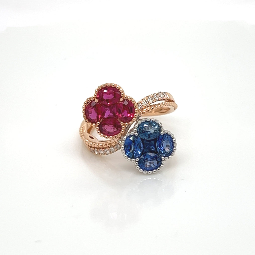 2.59 Total Carat Multicolor Sapphire and Ruby Ladies Ring in 18K Two-tone Gold