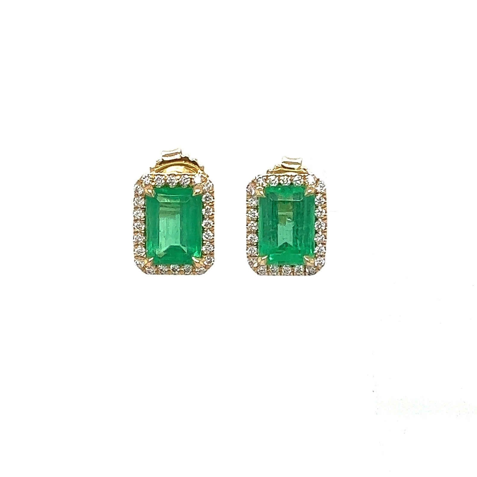 3.31 Total Carat Emerald and Diamond Pushback Earrings in 18K Yellow Gold