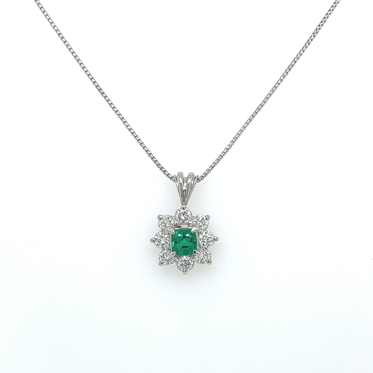 0.78 Total Carat Emerald and Diamond Pendant Necklace in Platinum