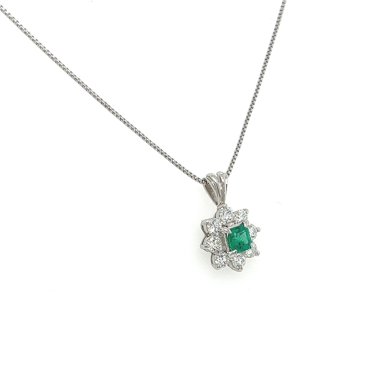 0.78 Total Carat Emerald and Diamond Pendant Necklace in Platinum