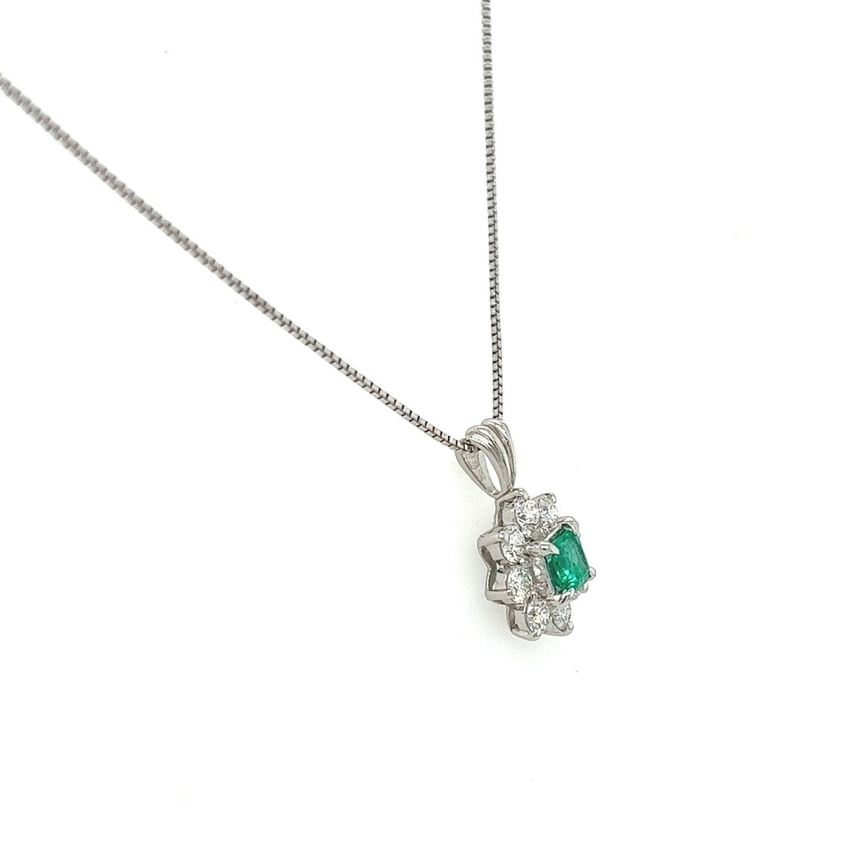 0.78 Total Carat Emerald and Diamond Pendant Necklace in Platinum