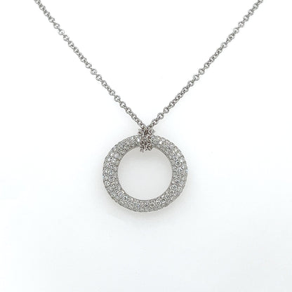 1.19 Carat Pave Set Diamond Circle Pendant Necklace in 18K White Gold