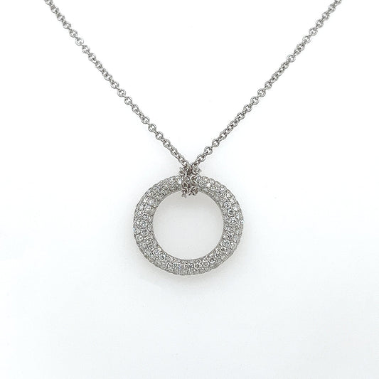 1.19 Carat Pave Set Diamond Circle Pendant Necklace in 18K White Gold