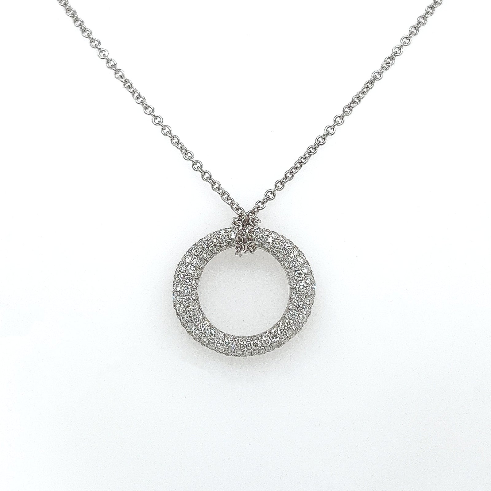 Carat Pave Set Diamond Circle Pendant Necklace in 18K White Gold