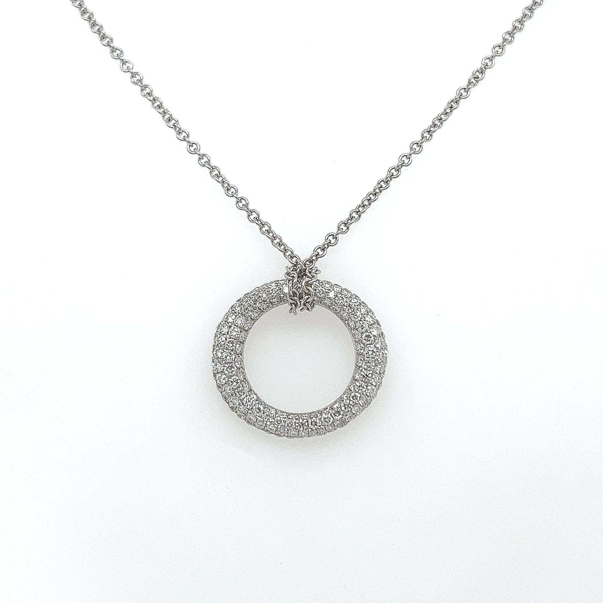 1.19 Carat Pave Set Diamond Circle Pendant Necklace in 18K White Gold