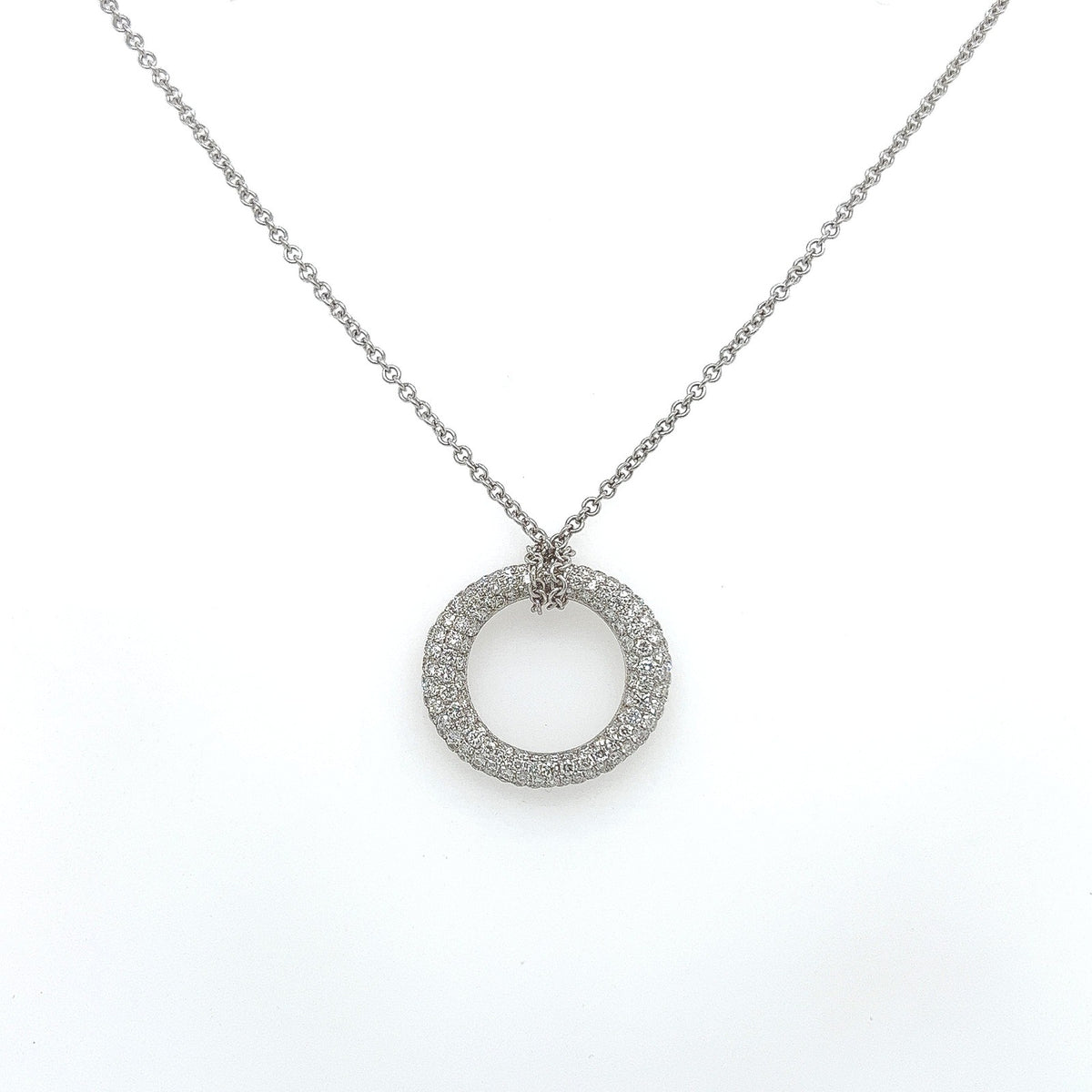 1.19 Carat Pave Set Diamond Circle Pendant Necklace in 18K White Gold
