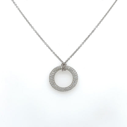1.19 Carat Pave Set Diamond Circle Pendant Necklace in 18K White Gold