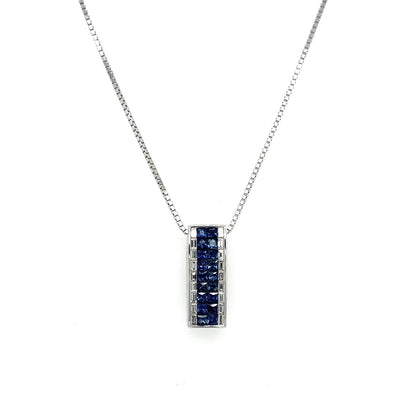 1.95 Total Carat Sapphire and Diamond Bar Pendant Necklace in 18K White Gold