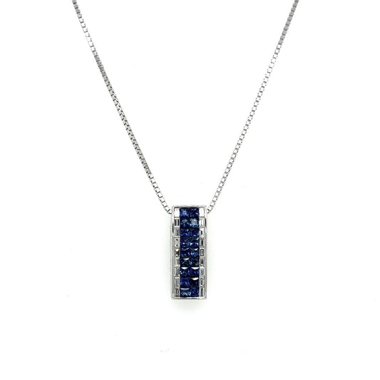 1.95 Total Carat Sapphire and Diamond Bar Pendant Necklace in 18K White Gold