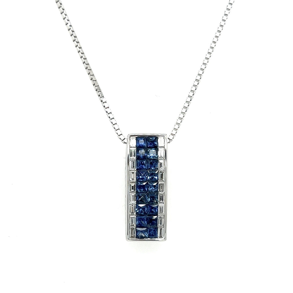 1.95 Total Carat Sapphire and Diamond Bar Pendant Necklace in 18K White Gold