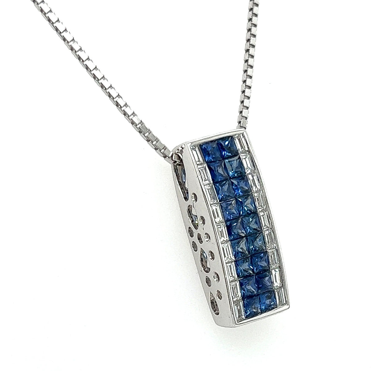 1.95 Total Carat Sapphire and Diamond Bar Pendant Necklace in 18K White Gold