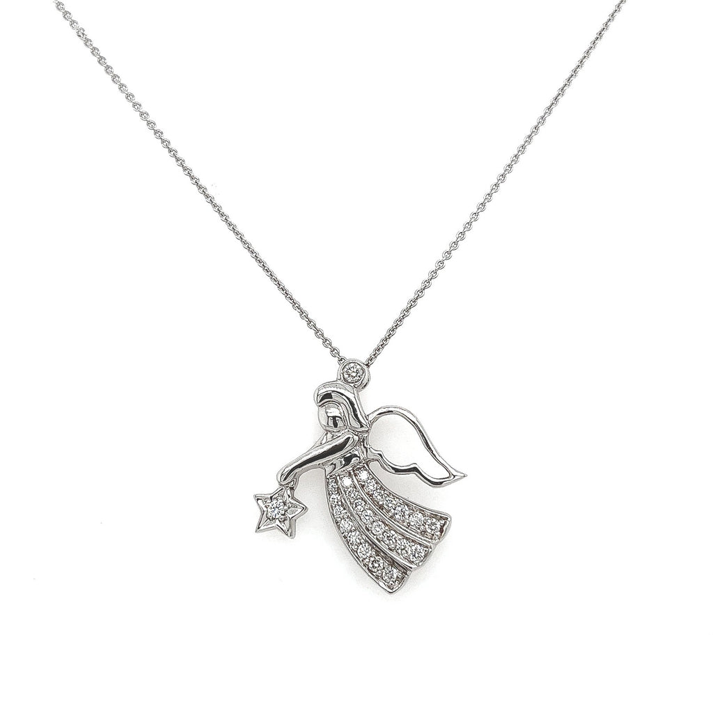 Handmade Angel Motif Diamond Pendant Necklace in 14K White Gold
