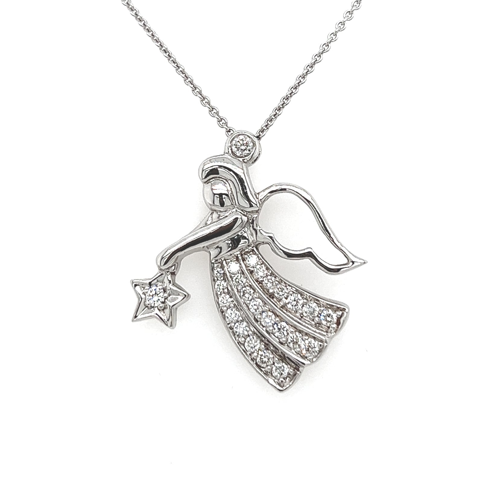 Handmade Angel Motif Diamond Pendant Necklace in 14K White Gold