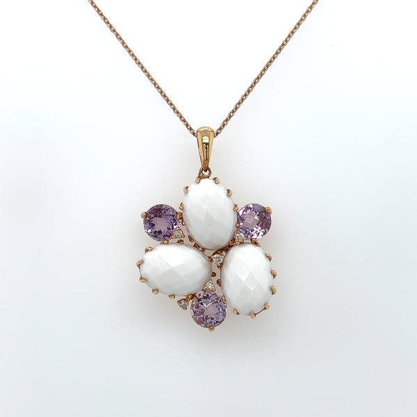 Amethyst & White Agate Floral Motif Pendant in 18K Gold