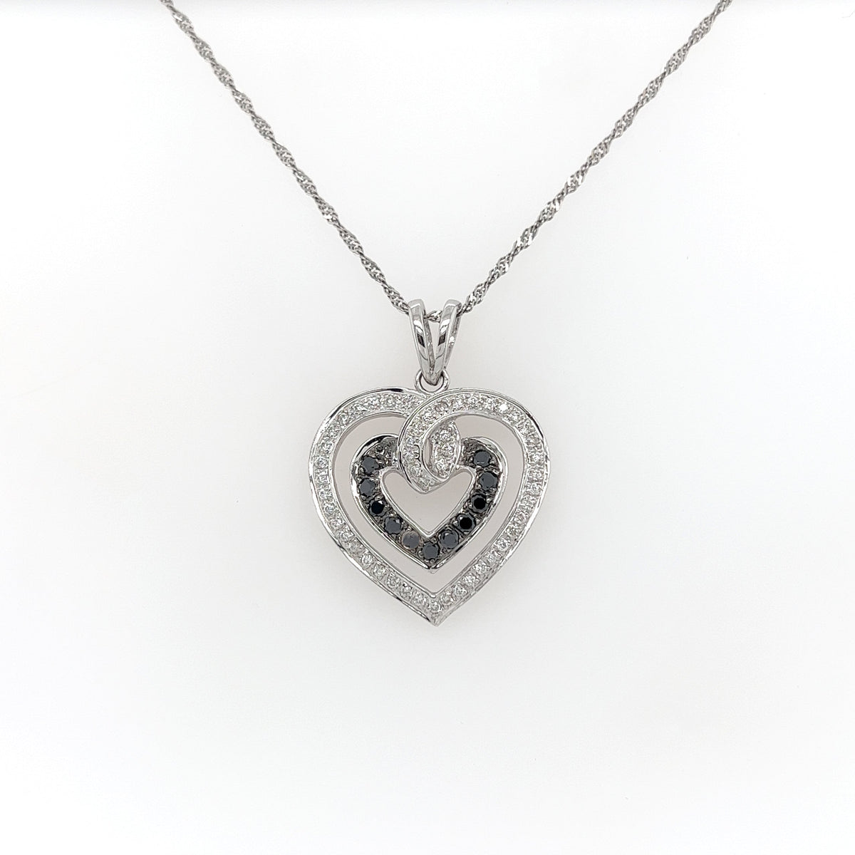 Double Heart Shaped White and Black Diamond Pendant Necklace in 14K White Gold