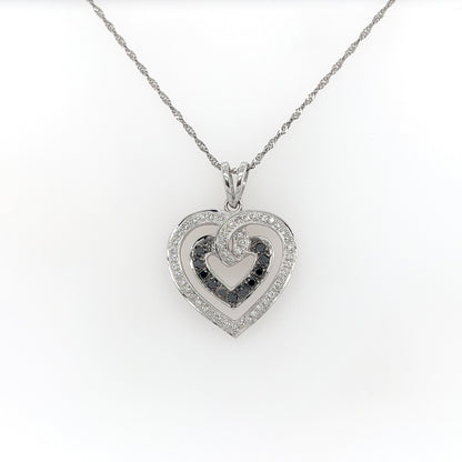 Double Heart Shaped White and Black Diamond Pendant Necklace in 14K White Gold