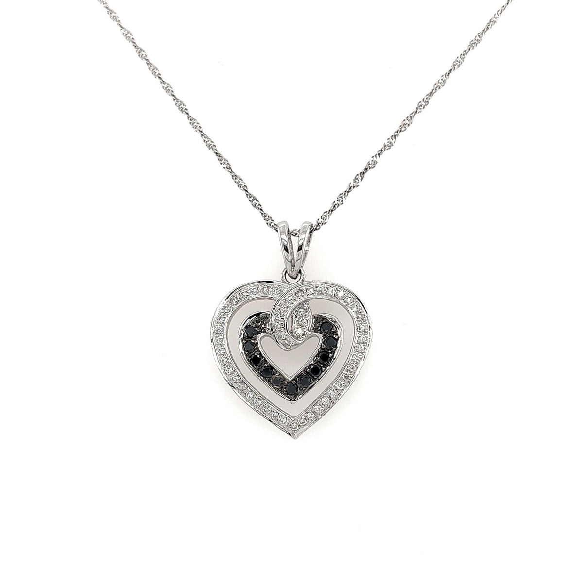 Double Heart Shaped White and Black Diamond Pendant Necklace in 14K White Gold