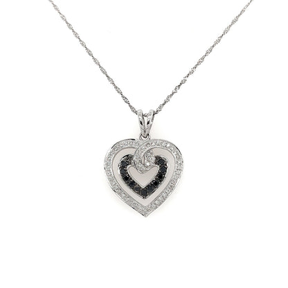 Double Heart Shaped White and Black Diamond Pendant Necklace in 14K White Gold
