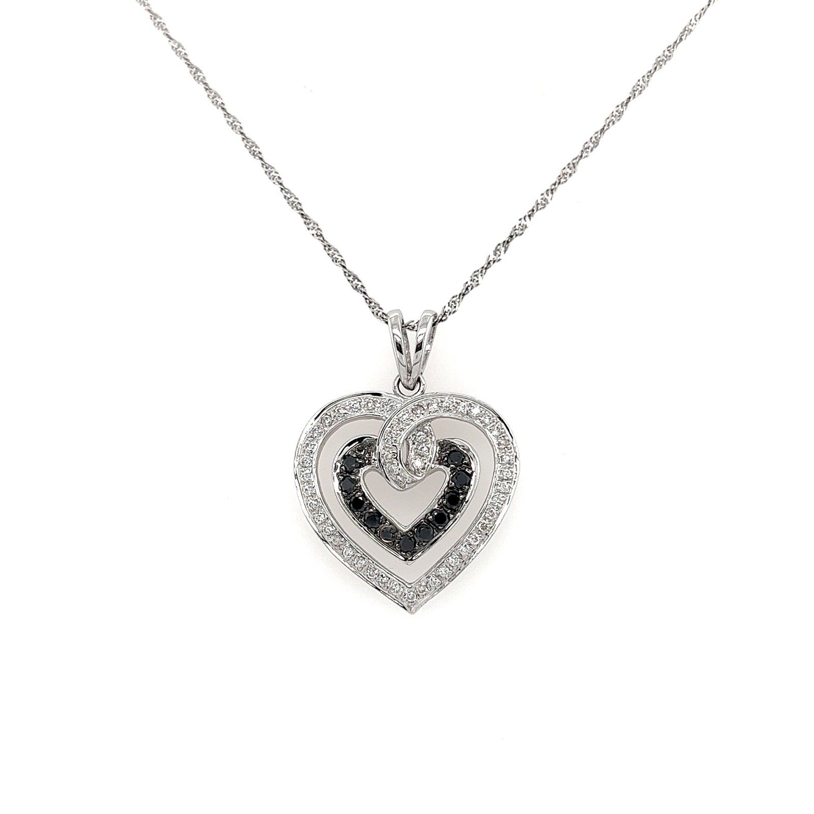 Double Heart Shaped White and Black Diamond Pendant Necklace in 14K White Gold