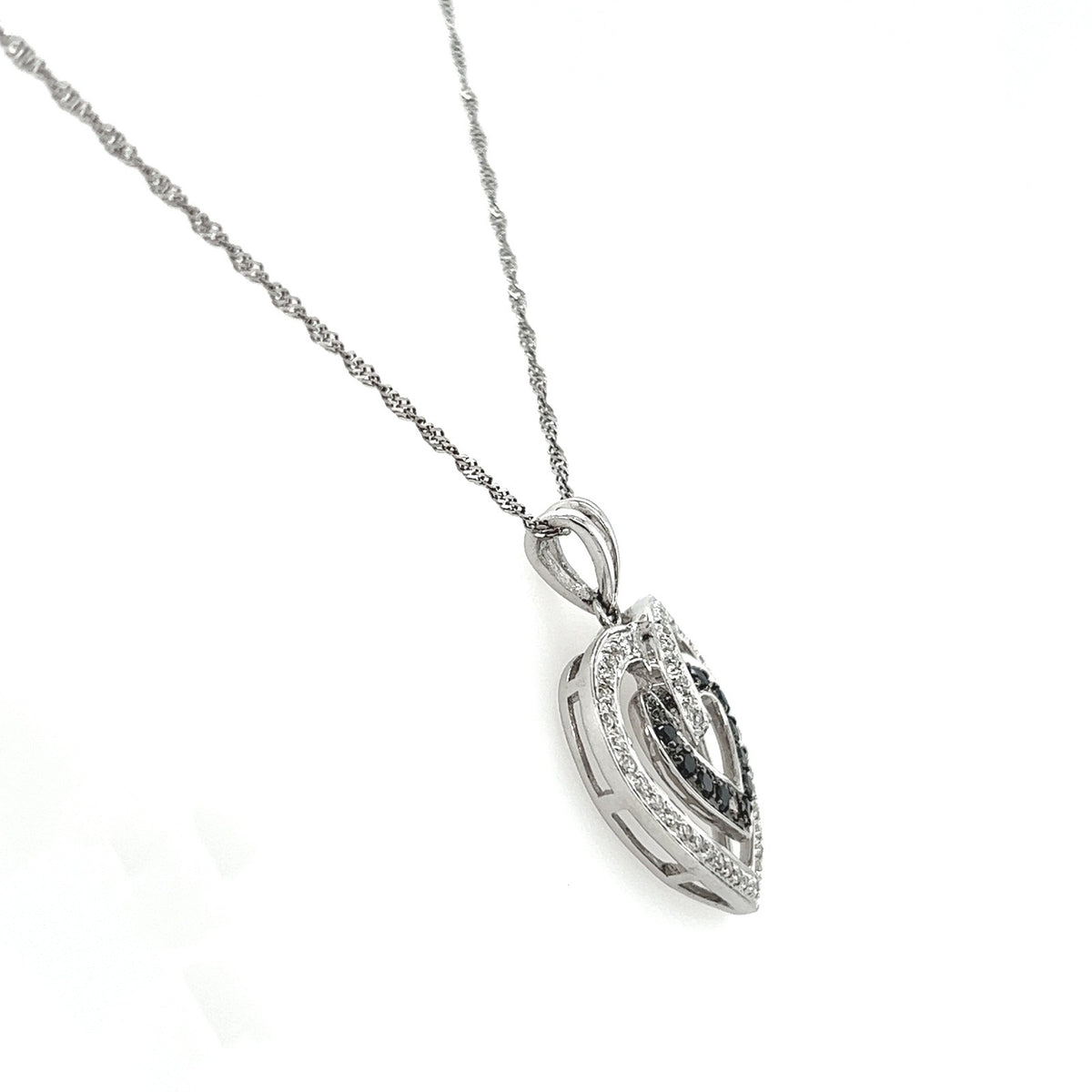 Double Heart Shaped White and Black Diamond Pendant Necklace in 14K White Gold