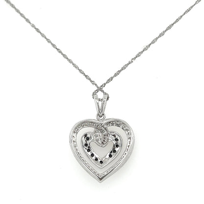Double Heart Shaped White and Black Diamond Pendant Necklace in 14K White Gold