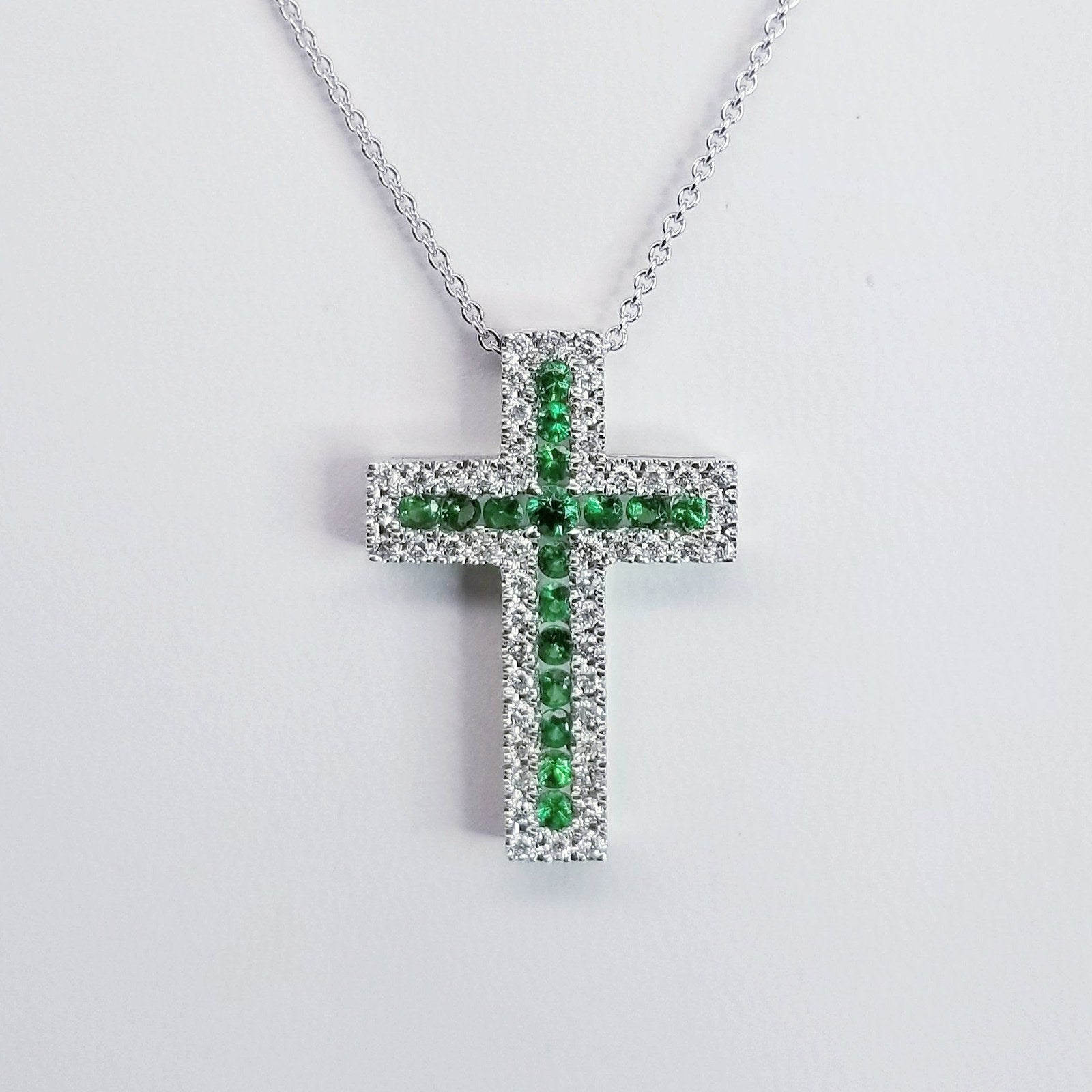 "PEND01494" Ladies Diamond Cross with Green Garnets PEND01494
