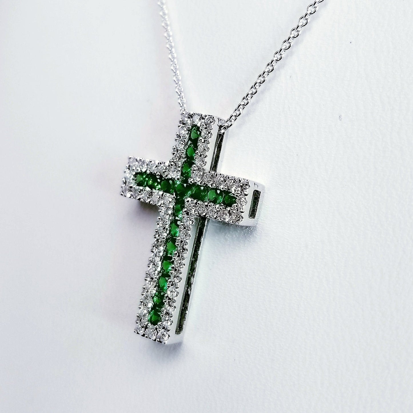 "PEND01494" Ladies Diamond Cross with Green Garnets PEND01494