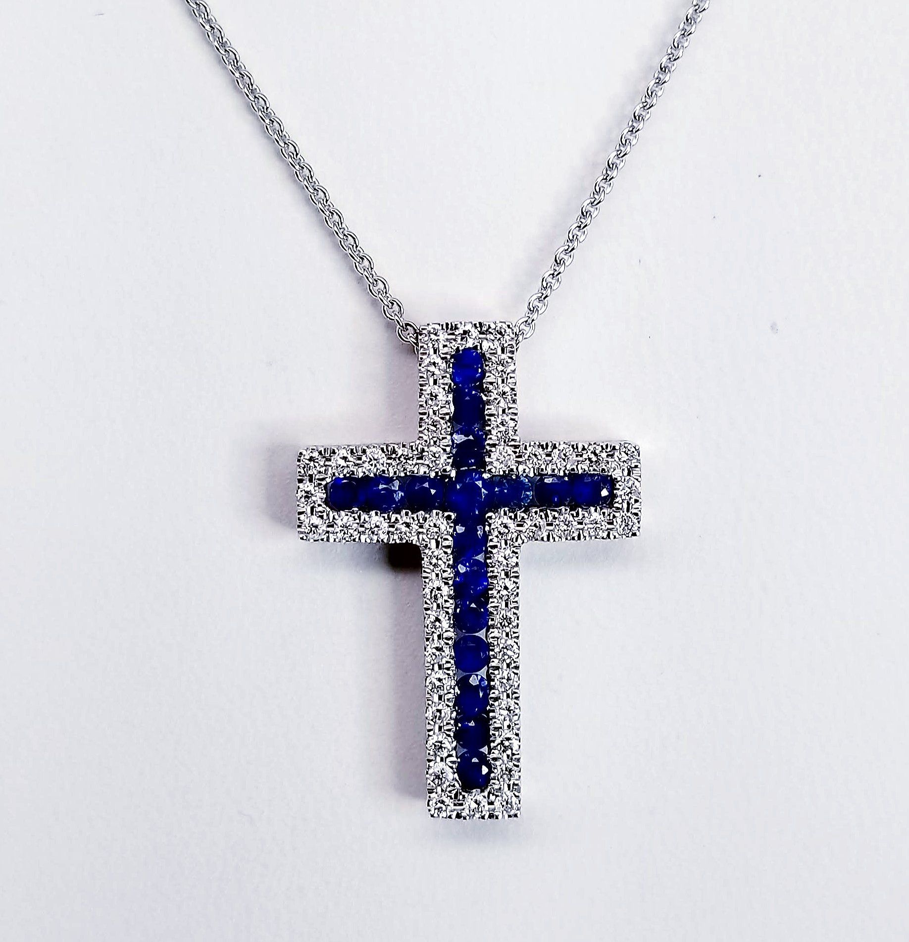 "PEND01495" Ladies Diamond Cross with Blue Sapphires