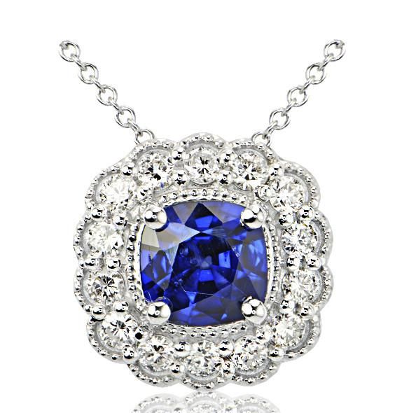 "PEND01565" Cushion Cut Vintage Inspired Sapphire Pendant