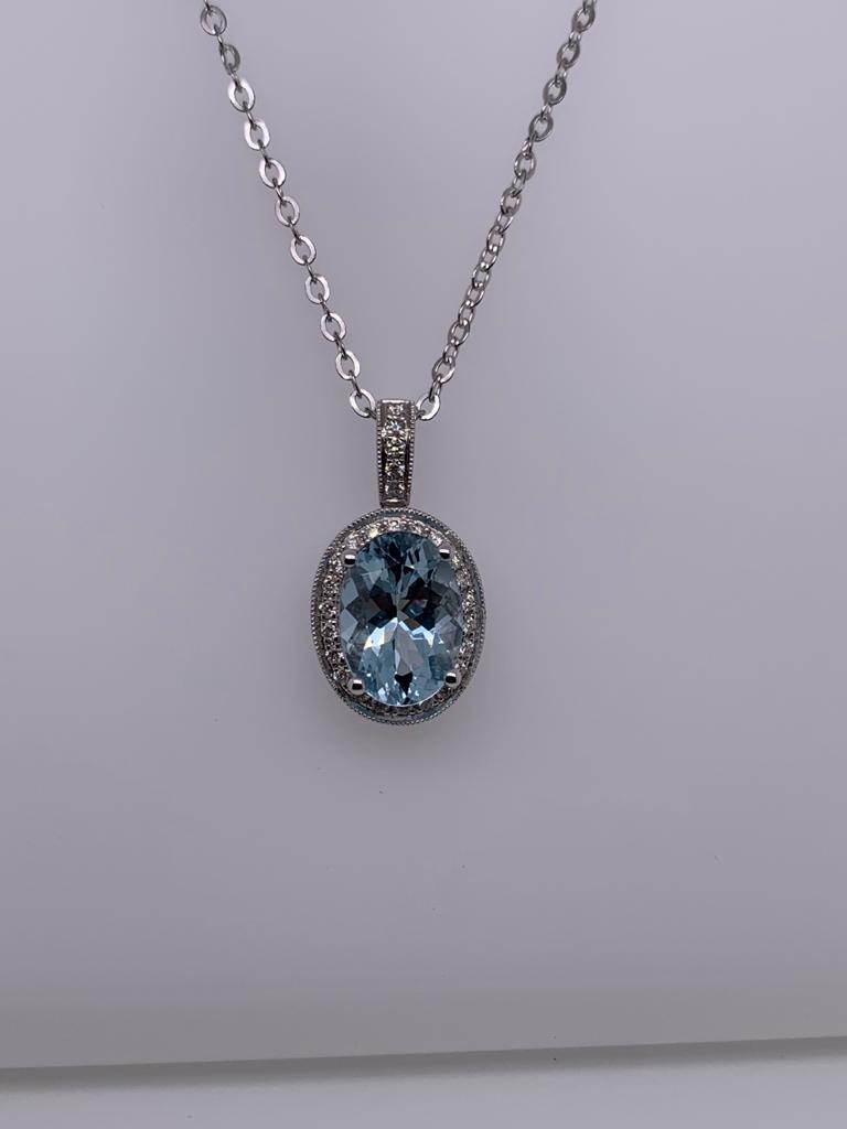 "PEND0174" 14K White Gold Aquamarine Pendant with Diamond Halo
