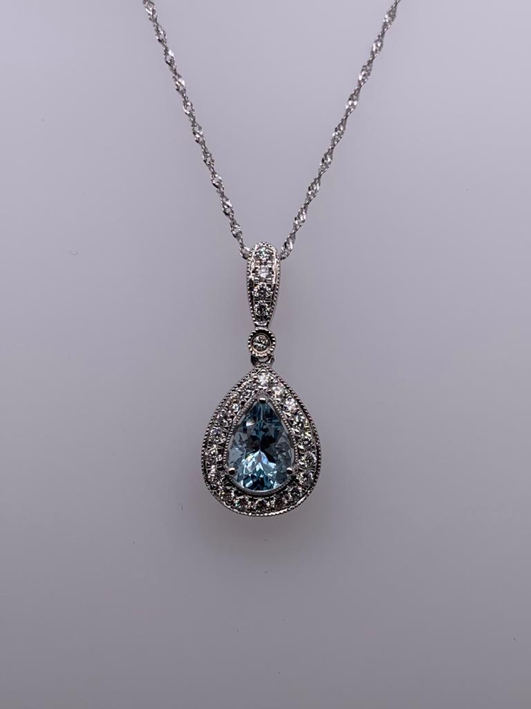 14K White Gold Teardrop Aquamarine Pendant with Diamond Halo