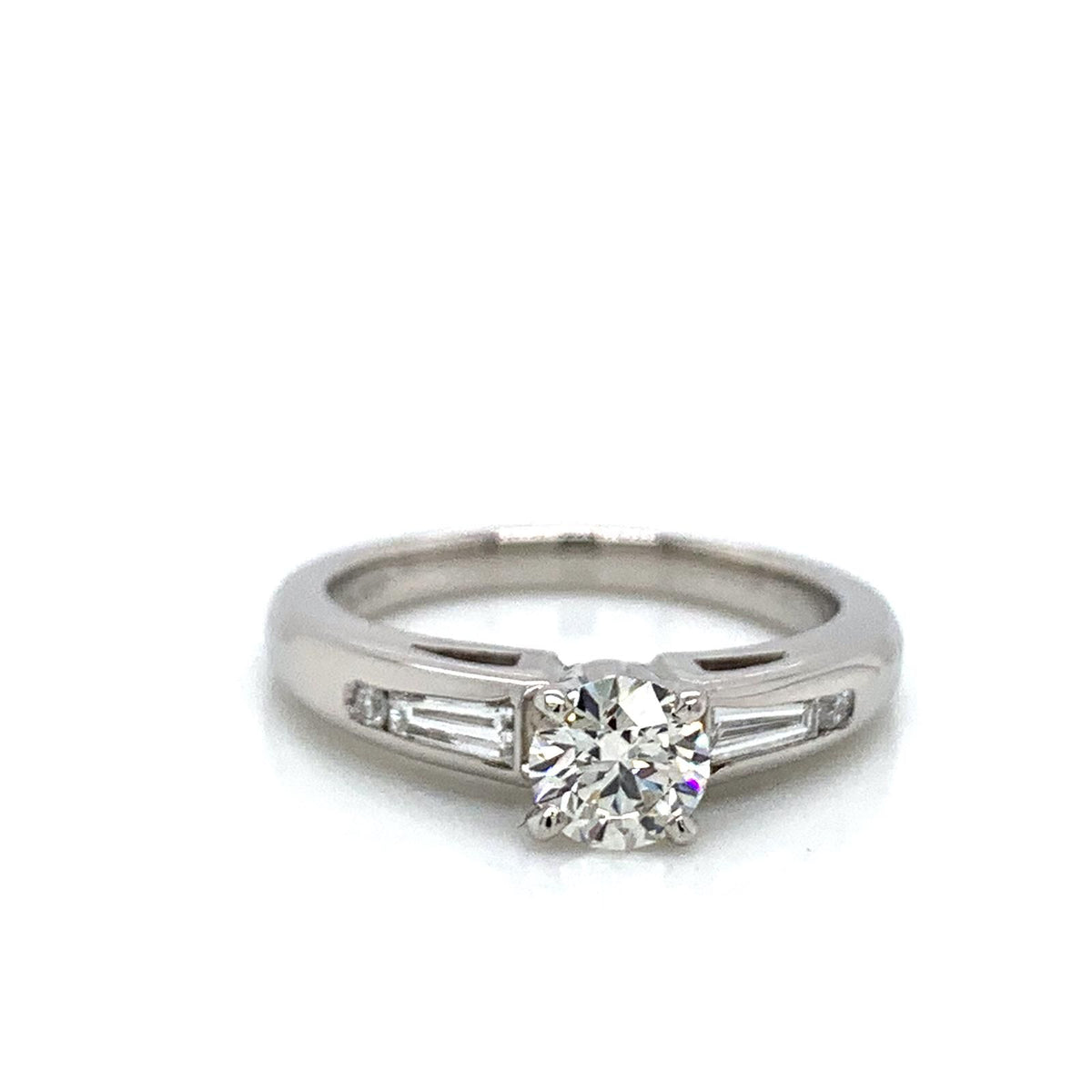Round Diamond Engagement Ring with Baguette and Round Side Diamonds in Platinum