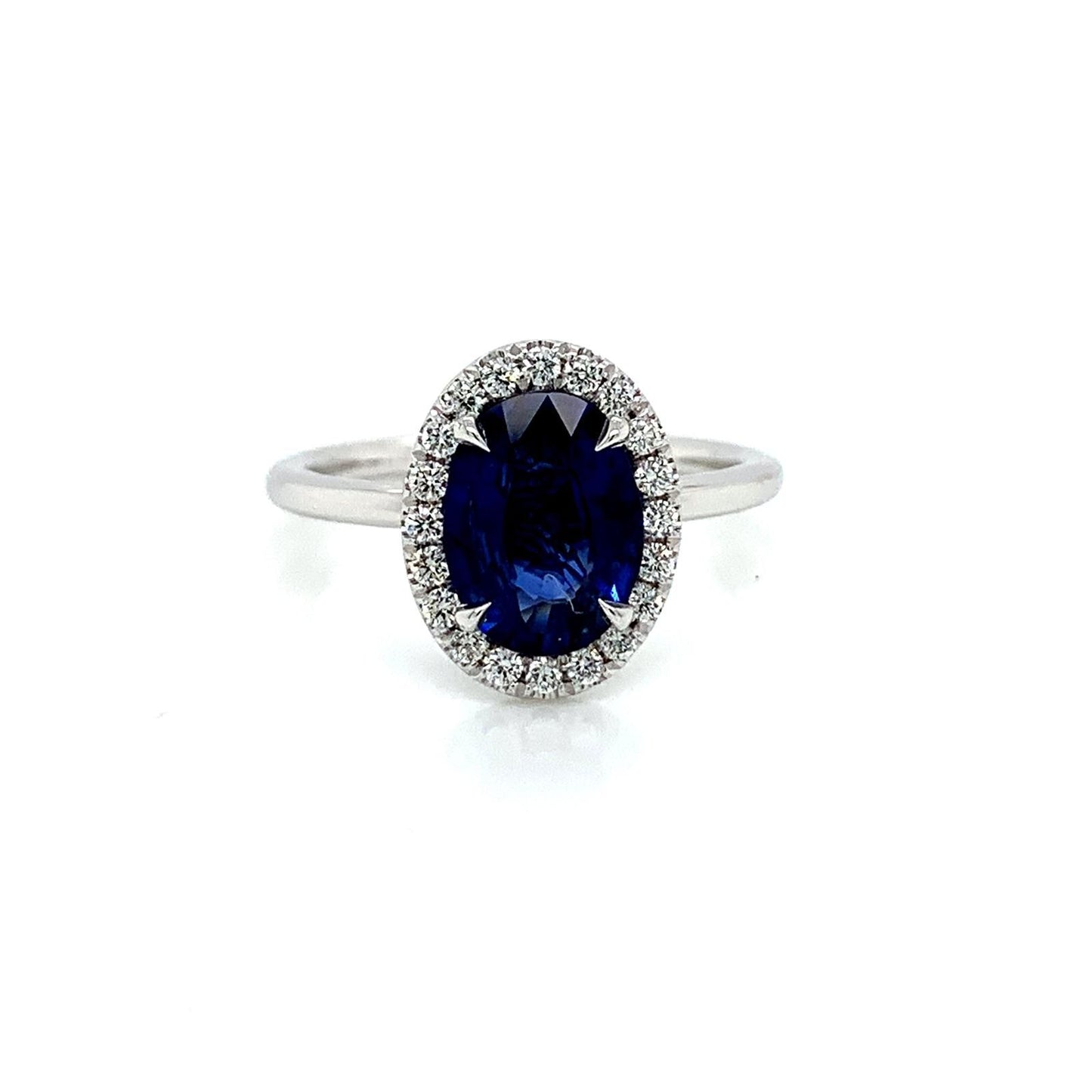 1.88 Total Carat Sapphire Diamond Halo Ladies Ring in 18K White Gold