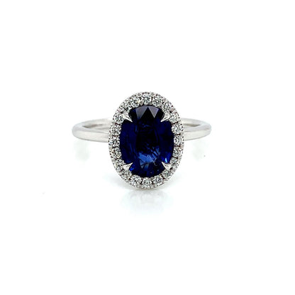 1.88 Total Carat Sapphire Diamond Halo Ladies Ring in 18K White Gold