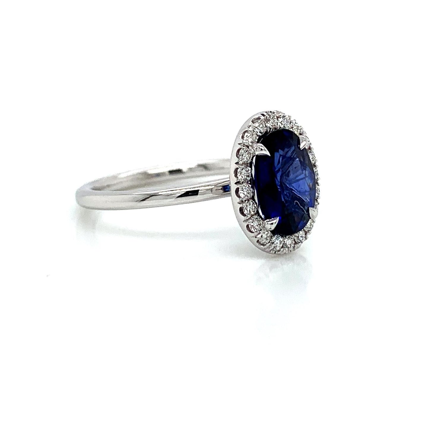 1.88 Total Carat Sapphire Diamond Halo Ladies Ring in 18K White Gold