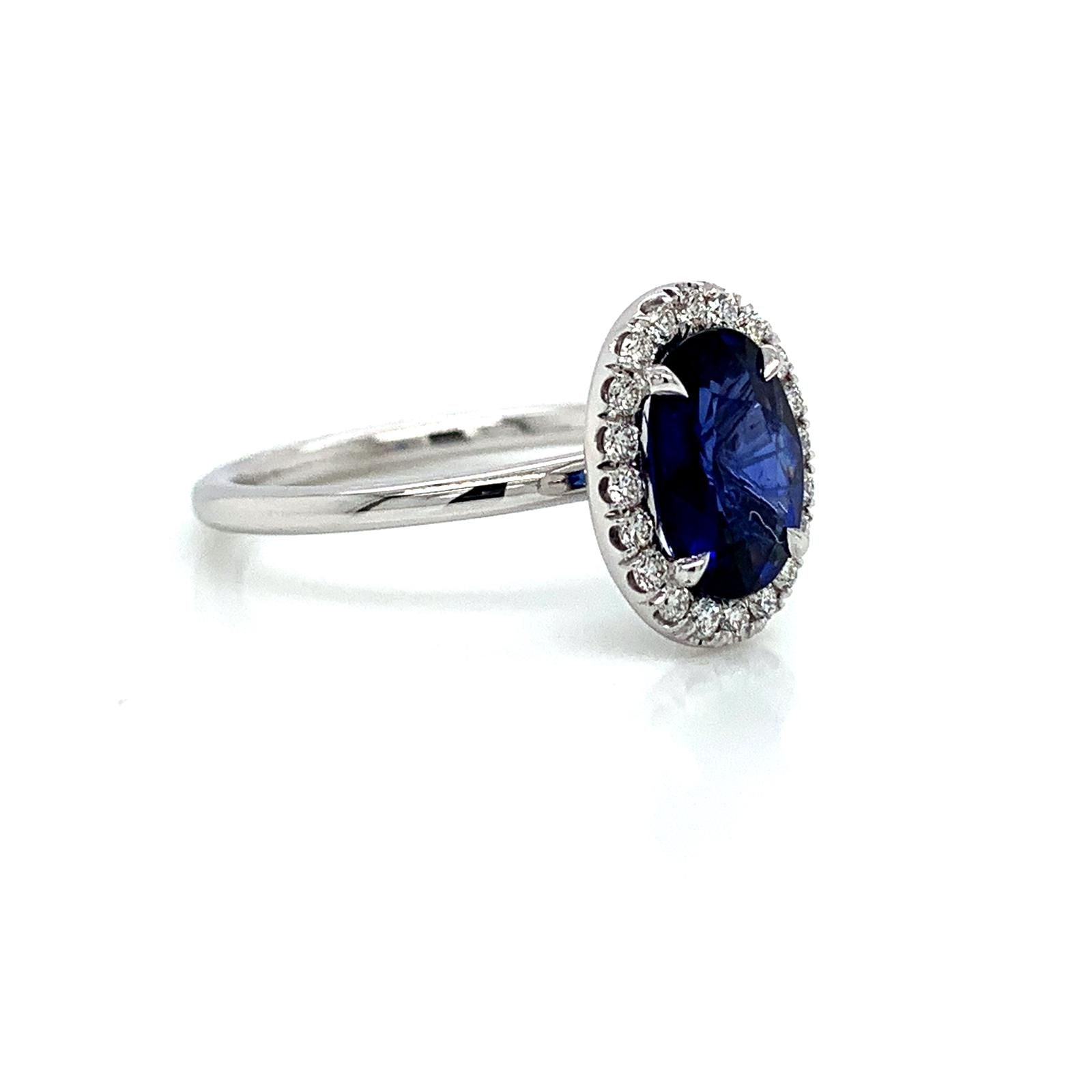 1.88 Total Carat Sapphire Diamond Halo Ladies Ring in 18K White Gold