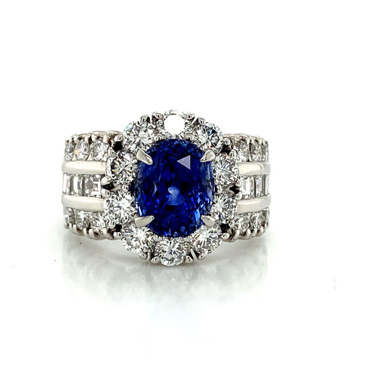 Sapphire and Diamond Halo Ladies Ring with Side Diamonds in Platinum