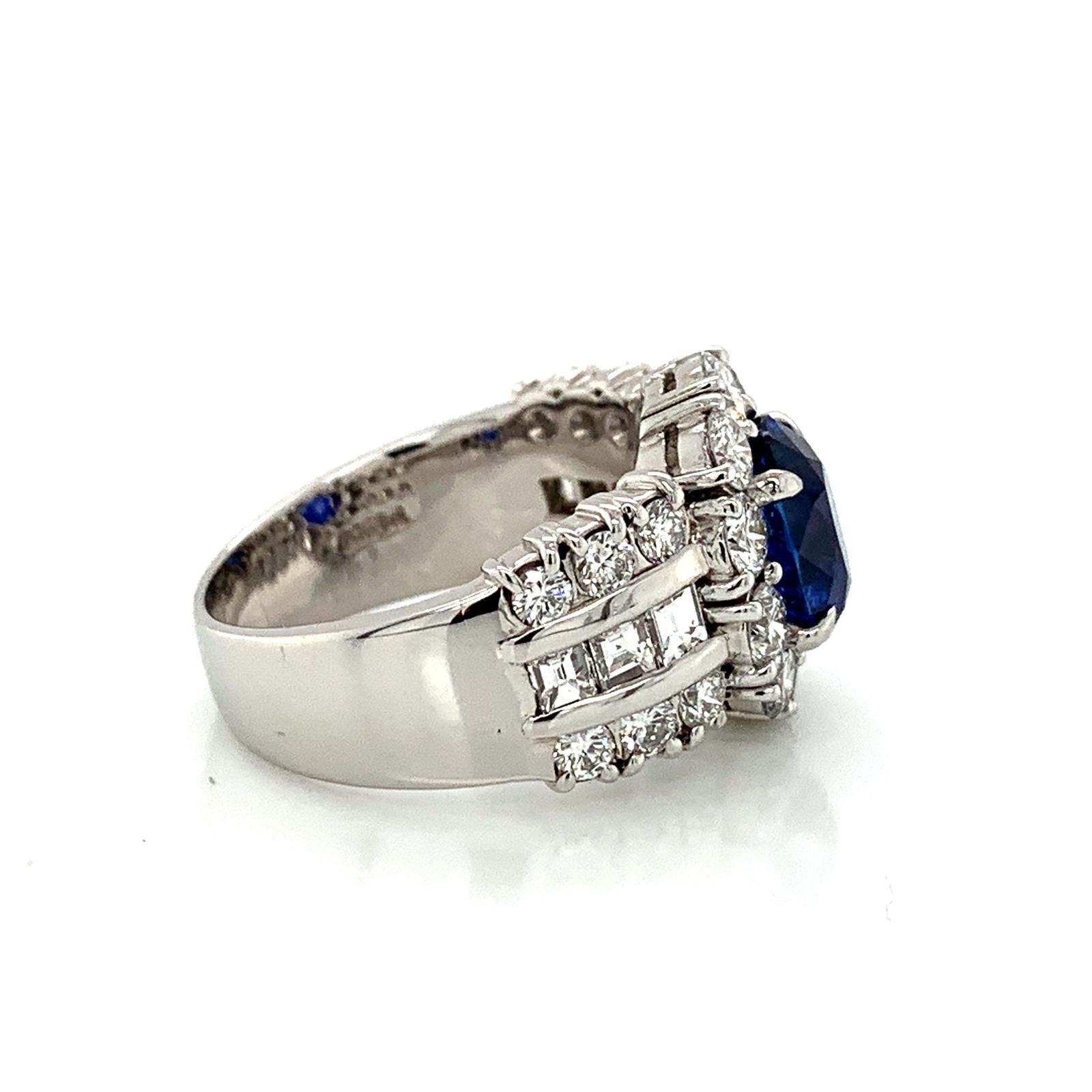 Sapphire and Diamond Halo Ladies Ring with Side Diamonds in Platinum