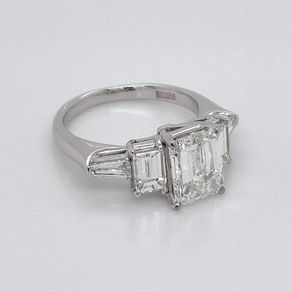 "ENGR03405" 3.45 Carat Emerald Shaped Diamond and Baguette Five Stone Engagement Ring in Platinum