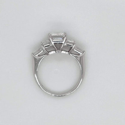 "ENGR03405" 3.45 Carat Emerald Shaped Diamond and Baguette Five Stone Engagement Ring in Platinum