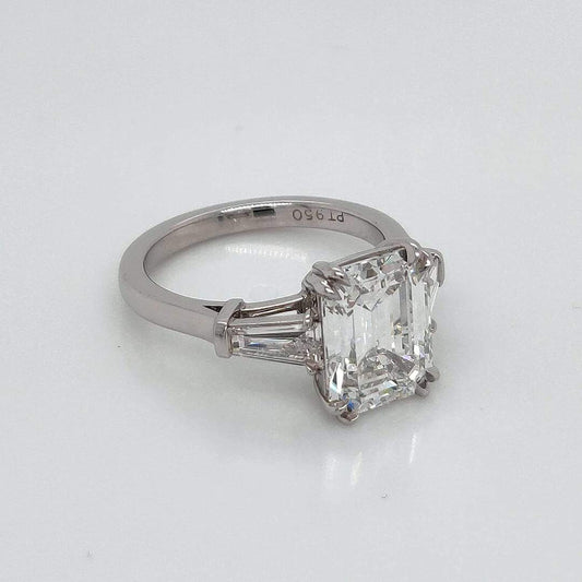 "ENGR03323" Emerald Cut GIA Diamond With Baguettes Three Stone Engagement Ring In Platinum
